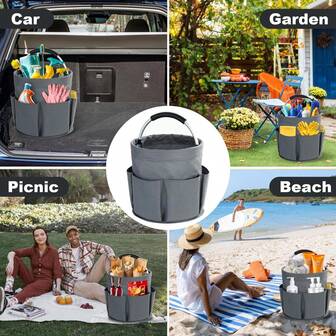 Hopfällbar förvaringskorg, 28 cm hopfällbar organiseringslåda med dragsko och aluminiumhandtag, hink i oxfordtyg för tvätt, leksaker, trädgårdsredskap, camping, bilbagage