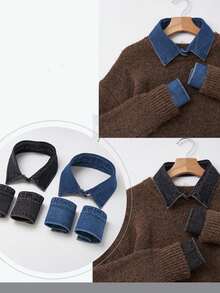 Blue & Black Casual Washed Denim Detachable Pointed Collar - Denim Fake Collar - View 8