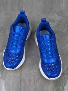 Women's Lace-Up Comfortable Casual Sports Shoes, Sequin Design Fashion Sneakers, Lightweight Running Shoes - Blue - View 5