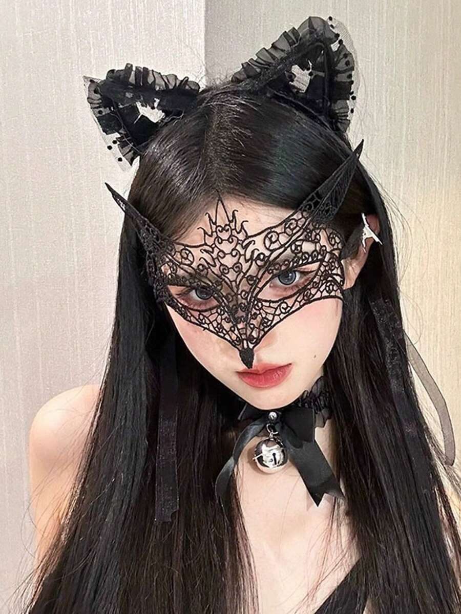 1 件女士蕾丝化妆舞会面具、镂空眼罩、角色扮演派对装饰万圣节 - 黑色 - 查看 1