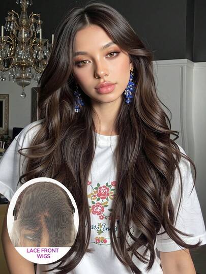 28-Inch Black Long Curls Multi-Level Hairstyle Synthetic Natural Looking Wigs Lace Front Wigs 13*6 Hand Woven Lace Chemical Fiber Hair Daily Daily Imported Silk Party Wedding Music Festival Halloween Gift