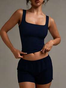 XLLAIS Women's Solid Color Square Neck Sleeveless Tank Top, Fitted Casual Wear, Spring/Summer Vacation Top - Royal Blue - View 2