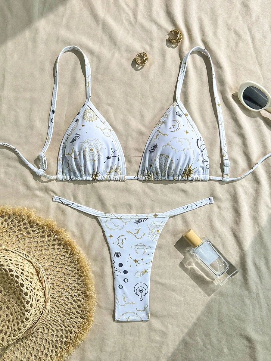 2 件套卡通几何印花休闲可爱优雅性感波西米亚风系带比基尼泳装，春夏 - 彩色 - 查看 1
