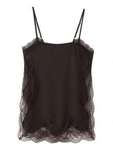 Women Y2k Lace Patchwork Satin Camisole Tops Chiffon Split Sleeveless Spaghetti Strap Tank Tops Flowy Silky Layering Tops Going Out Dress Shirt Camisoles Streetwear Aesthetic Clothes - 棕色 - 查看 6
