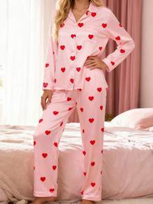 Mommy And Me Matching Pajamas Long Sleeve Lapel Dot/Heart Print Button Up Tops And Pants Set - Pink - View 3