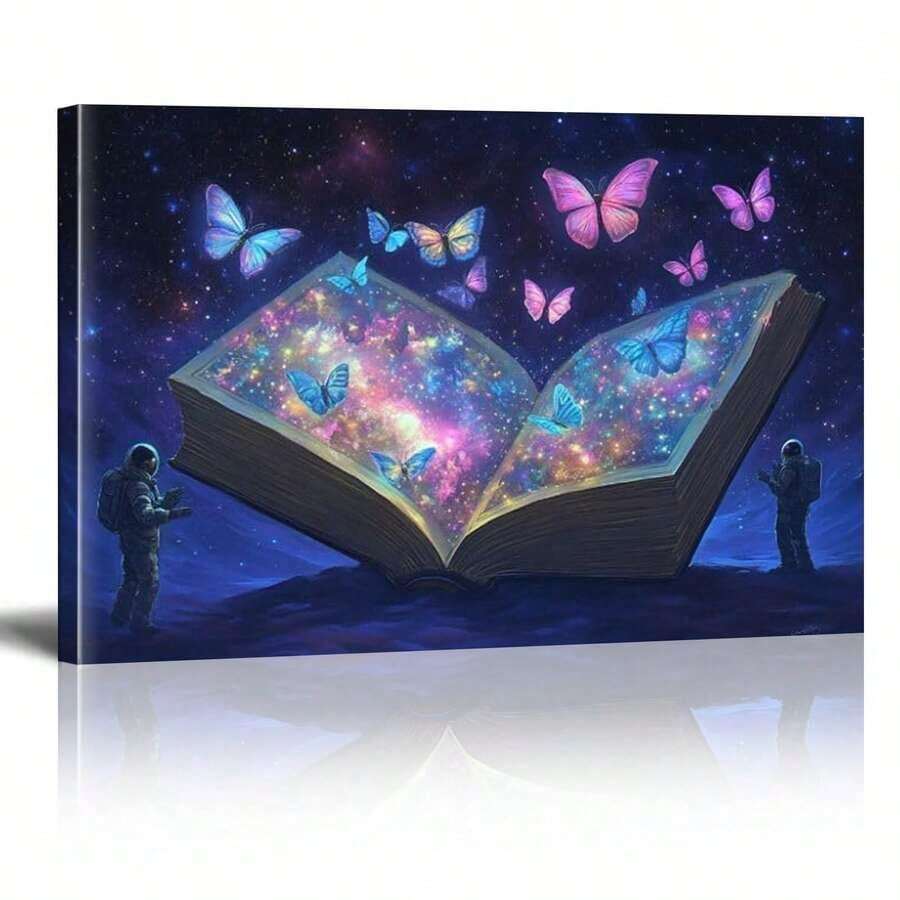 1 Piece Framed Astronaut Universe Book Encounter Butterfly Art Canvas Painting Print Poster, Suitable For Living Room, Bathroom, Bedroom, Hotel, B&B, Apartment, Villa, Gallery, Classroom, Corridor, Studio, Children's Room, Nursery, Kindergarten, Study, Office Wall Decoration Ready To Hang - 白色 - 查看 1
