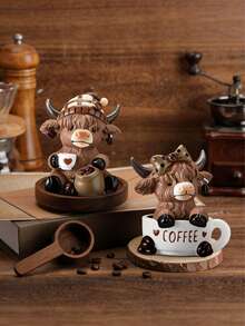 1/2pcs Coffee Highland Cow Figurine, 3D Highland Cow Statue, Farm Cow Decor, Seasonal Holiday Decoration For Christmas, Thanksgiving, Valentine's Day, Gift For Cow Lovers, Coffee Shop Decor, Cute Animal Design - Multicolor - View 3