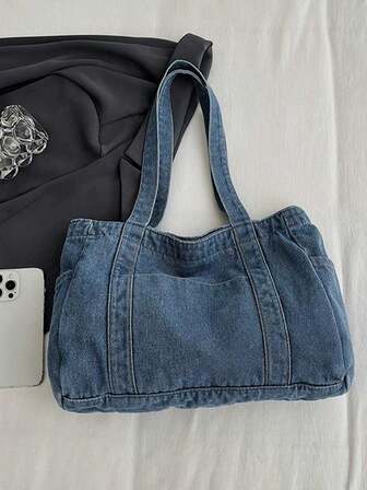 新款时尚休闲纯色水洗帆布多口袋单肩手提包，大容量，适合通勤和购物