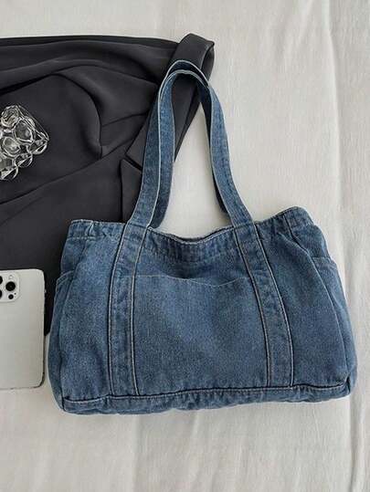 新款时尚休闲纯色水洗帆布多口袋单肩手提包，大容量，适合通勤和购物