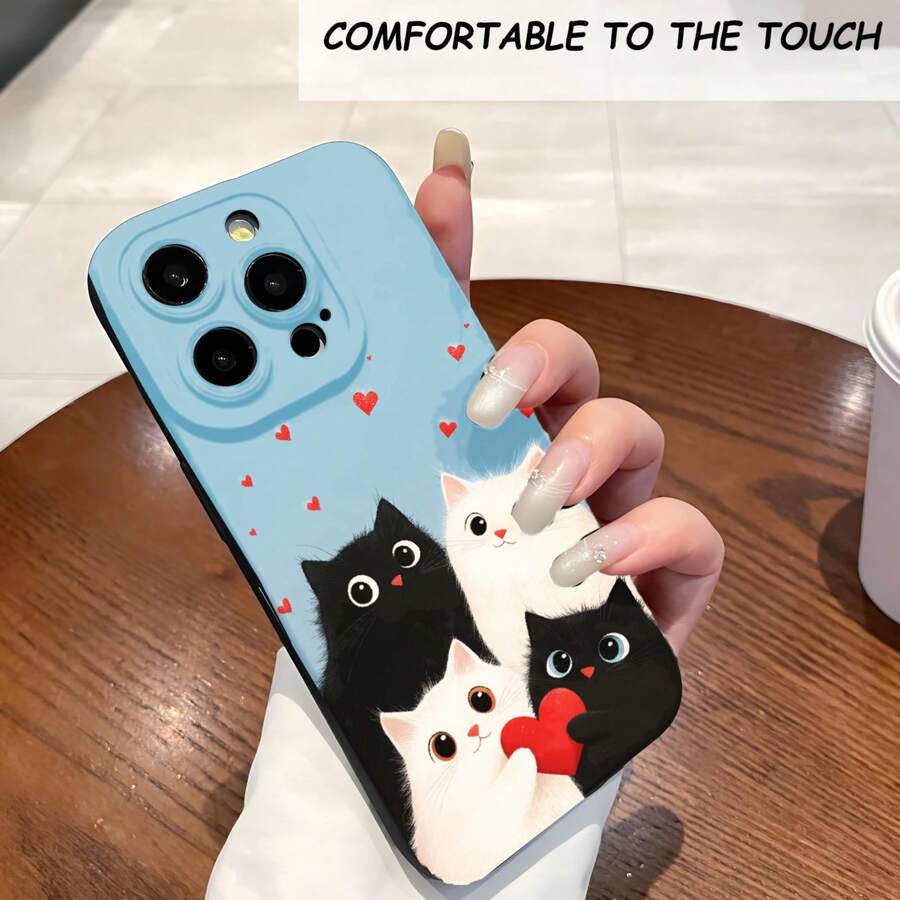 1PC Phone Case, Cute Cats With Hearts Pattern , Stylish Phone Case, Phone Decoration, All-around Lens Protection, Creative Small Gift, Funny Gift for Boys and Girls - Negro - Ver 1