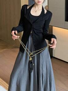 Y6Y 新款春季多扣设计黑色修身显瘦长袖T恤和短款针织开衫两件套 - 黑色 - 查看 7