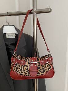 小众设计链条2026新款时尚女士手提包，哥特风铆钉腋下包，托特单肩包，纯色铆钉链条单肩包 - 酒紅色 - 查看 3