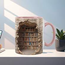 1pc 11oz Ceramic Coffee Mug - 3D Bookshelf Pattern, Unique Beverage Cup Suitable For Book Lovers, Available In Multiple Colors - Multicolor - View 8