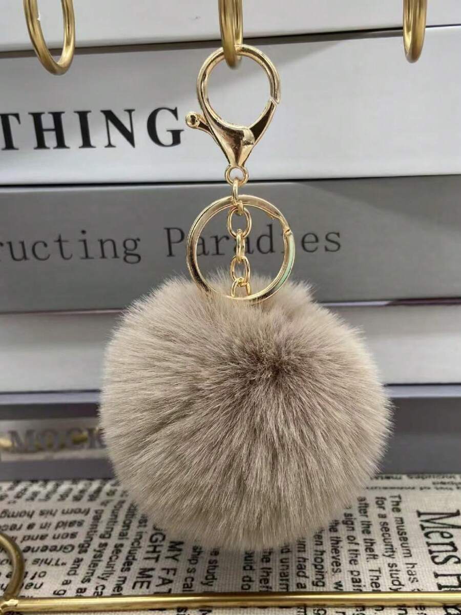 1pc Faux Mink Fur Pom Pom Keychain, Fluffy Pom Pom Keychain Accessory For Clothing, Bags, Jewelry - Khaki - View 1