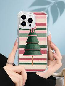 1PC Funda transparente con diseño de árbol de Navidad sobre fondo de rayas en tonos rojo, verde y beige, estilo minimalista retro y festivo, protección contra caídas, ideal para mujeres y amantes del arte navideño clásico y elegante, regalo perfecto para fiestas, amigos, pareja o familia : funda transparente resistente a golpes, compatible con Apple Phone17/16/15/14/13/12/11/XS/XR/X/PLUS/PRO/PROMAX, agarre cómodo, regalo ideal para ocasiones especiales - transparente - Ver 2