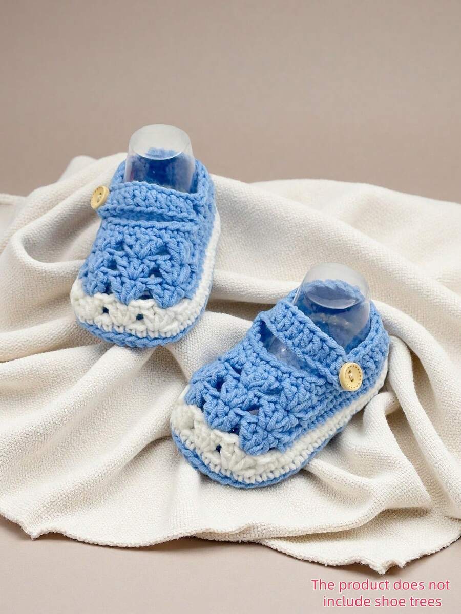 1 Pair Handmade Crochet Infant Booties, Soft Green And White , Button Closure Infant Shoes - Baby Blue - View 1