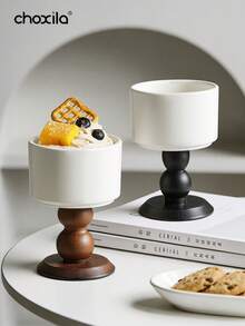 choxila 1pc Ceramic Ice Cream Cups, Solid Wood Highball Cups, Ins-Style Dessert Bowls, Fruit Salad Bowls, Jujube Snack Cups, Salad Fruit Pudding Bowls, Suitable For Parties/Holidays/Festivals/Families/Gatherings