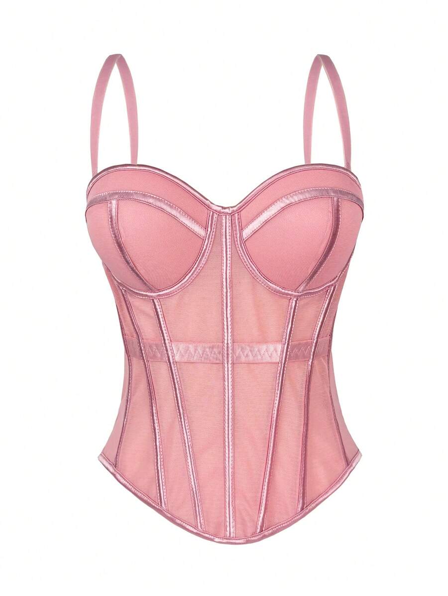 女士纯色束身胸衣式露背网纱吊带背心（含胸罩），秋冬休闲内衣 - 粉色 - 查看 1