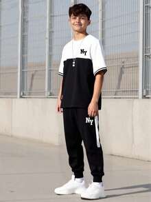 男童卡通印花圆领短袖T恤和裤子套装 - 黑色 - 查看 9