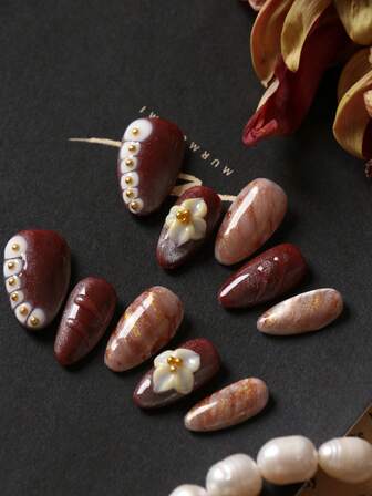 10 st akryl press-on naglar röda naglar blomma halation kattöga vita korta naglar lösnaglar konstnaglar kit innehåller 1 ark självhäftande flikar och 1 st minifil