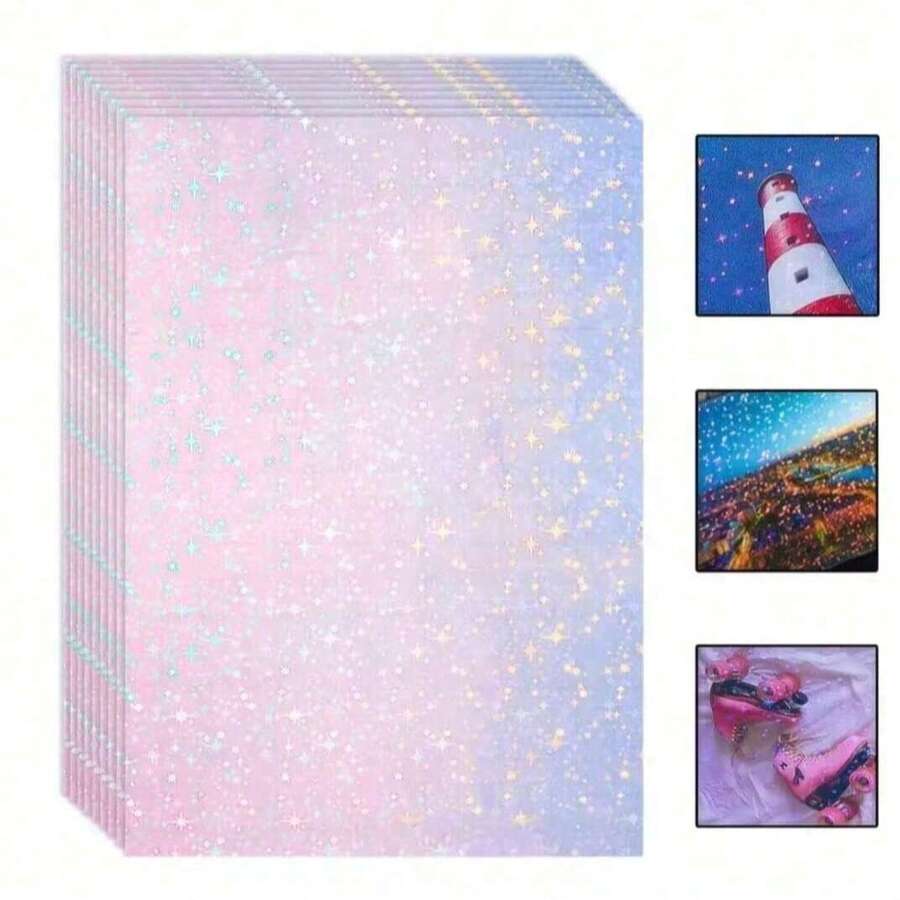 20张A4星形全息冷裱膜，PVC材质，透明闪光贴纸，防水，21.08x29.72厘米，星形图案，适用于DIY工艺品和剪贴簿