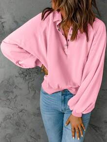 Plus Size Women's Solid Color Button Lantern Sleeve T-Shirt - Pink - View 3