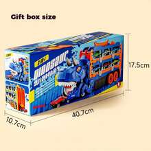 一套儿童恐龙终极运输卡车轨道玩具套装，包含恐龙运输卡车、12辆合金小车、可折叠滑轨、可变形霸王龙，是送给男孩的最佳生日/圣诞节/情人节/开学礼物。