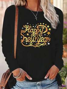 New Year HAPPY NEW YEAR Gold Artistic Letters Happy New Year Theme Fashion Pattern Print Casual Women's Long Sleeve T-Shirt Polyester Stretch Fabric Autumn Winter Season European And American Women's Comfortable Loose Round Neck Clothing Women's Long Sleeve T-Shirt - White And Navy Off-The-Shoulder Cropped Top-White And Navy Off-The-Shoulder Cropped Top - 黑色 - 查看 7
