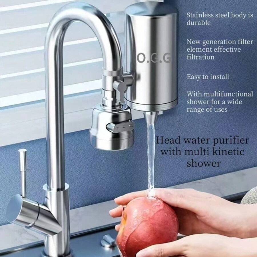 Filtro de água para torneira em aço inoxidável (1 unidade) com 1 chuveiro giratório e 1 cartucho de filtro universal multicamadas. Cor: Prata. Possui interface de instalação. Ideal para cozinhas, hotéis, pousadas, residências e escritórios. O cartucho de filtro tem duração superior a 2 meses e é lavável. - Prata - Ver 1