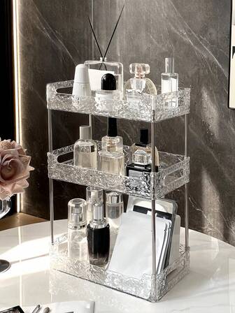 1 pieza Estantería de almacenamiento de cosméticos transparente de 2 o 3 niveles, organizador de escritorio multifuncional, adecuado para sala de estar, cocina, tocador, estante para productos de cuidado de color beige claro para encimera de baño, gabinete de exhibición de cosméticos con estante para perfumes, accesorios de tocador, suministros del hogar