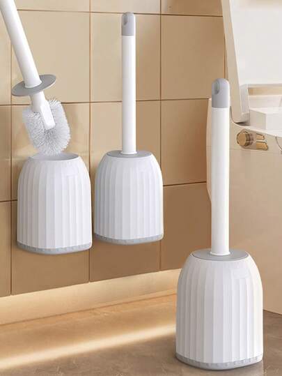 1pc Toilet Brush Holder, Wall-Mounted Toilet Brush With Long Handle, Bathroom Cleaning Brush Set, No Dead Angle