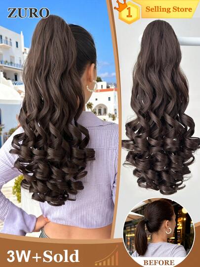 20-24 Inch Long Wavy Synthetic Hair Ponytail Extensions, Claw Clip On, Light Brown Color, Suitable For Women's Daily Wear