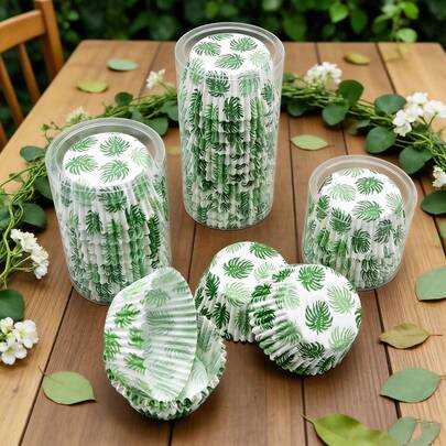 100/200 unidades Capacillos estándar para cupcakes con diseño de hojas tropicales de tortuga y hojas de palma verde, tazas de papel desechables para hornear magdalenas para bodas, fiestas, meriendas, luau y otros eventos