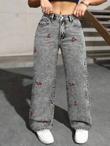 Calça elegante com bordado de cereja, bolso delicado e botões, em cor sólida. Tamanho ligeiramente menor, ideal para uso casual diário na primavera, verão, outono e inverno, inclusive para ir ao trabalho. - Cinza - Ver 7