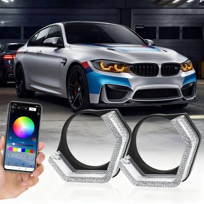 2pcs 3-Inch 5D RGB LED Angel Eyes Halo Rectangular Lamp Shade, App Controlled, Suitable For Car Lights