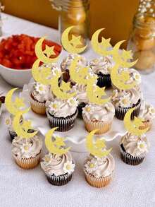 12/24 unidades de enfeites para cupcakes do Eid, tema lua e estrela, para decoração de bolos do Eid e do Ramadã, ideais para festas e eventos. - Ouro - Ver 6