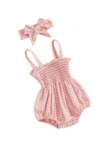 Conjunto de 2 piezas de verano para niñas, mono sin mangas con volantes y tirantes fruncidos con diadema - Rosa - Ver 1