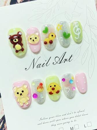 Set di 10 unghie finte realizzate a mano, decorazioni per unghie carine in stile Y2K, unghie finte, unghie corte, unghie ovali, decorazioni 3D a tema animali, adatte per manicure quotidiana e per appuntamenti, include gel e lima per unghie.