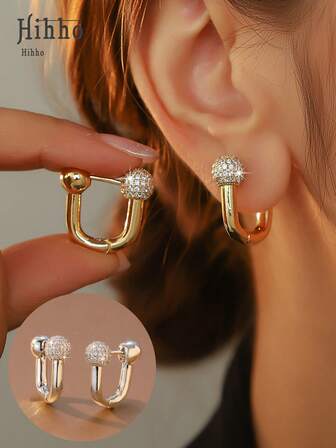 Hihho 1 Pair U-Shaped Zirconia Double Pearl Hoop Earrings, Luxurious Style, Available In Gold And Silver Colors, Featuring A Plain U-Shaped Ring + Double -Encrusted Design, Combining Minimalist Lines And Delicate Gems, Suitable For Streetwear, Chic Styles, Daily Wear, Parties, And Outfits