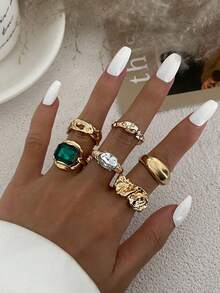 Bộ 6 chiếc nhẫn kim loại bất đối xứng đính đá lấp lánh phong cách Bohemian, trang sức sang trọng quyến rũ dành cho nữ, cặp đôi, đám cưới, tiệc tùng, ngày lễ, quà tặng đa năng. - nhẫn - Xem 8