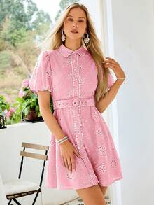 Simplee Women's Summer Urban Chic Colorful Bottom White Line Embroidered Ruffle Puff Sleeve Cinched Waist Short Dress, Suitable For Parties, Wedding Guests, Music Festivals, Birthday, Vacation Pink Elegant - Pink - View 5