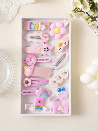 14pcs/Set Girls Cartoon Cute Bowknot Hair Clips, Pink Series, Bangs Hairpins, Casual Daily Hair Accessories (No Box - OPP Bag)