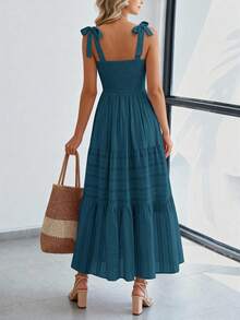 Women Summer Sleeveless Tie Shoulder Strap Smocked High Waist A-Line Long Maxi Dress Boho Beach Holiday Vacation Valentine Sundress With Pockets - cái hồ màu xanh - Xem 2