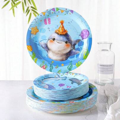 7-Inch And 9-Inch Disposable Party Paper Plates, Shark Themed Birthday Party Printed Party Supplies, Disposable Paper Plates For Party Desserts, Suitable For Birthday, Celebration, Party Decorations