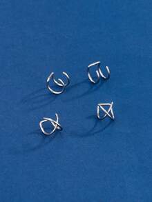 4pcs Stainless Steel Ear Clips Set, 2 Pairs Different Style In 1 Set, Packed In Plastic Box, Suitable For Both Men And Women Daily Wear - Silver - View 3