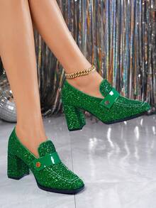 2026 Spring New Fashion European And American Style Square Toe Thick Heel Loafers Women Low Vamp British Small Leather Shoes - Green - View 11