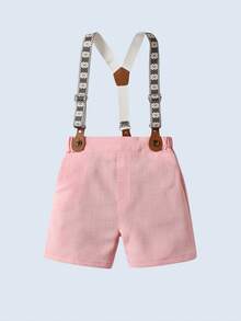 BOARNSEORL Tenue d'été pour bébé garçon de style gentleman - Chemise blanche avec nœud papillon et short rose à bretelles. à la mode pour les fêtes d'anniversaire, le 1er anniversaire, la Saint-Valentin - Rose bonbon - Voir 3