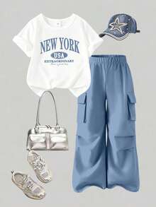 Girls' Casual Set - Letter Print Round Neck Short Sleeve T-Shirt And Cargo Pants - Blue - View 1