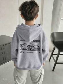 1件男童休闲印花套头卫衣，保暖内衬，长袖，秋冬季 - 酷炫汽车图案