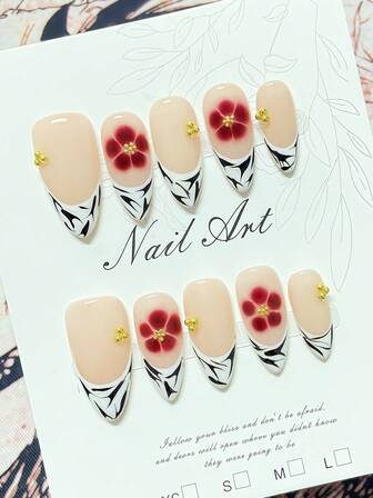 Set di 10 unghie finte con decorazioni floreali 3D, stile francese, in stile Y2K, a forma di mandorla, semplice e femminile, adatto per manicure quotidiana e per appuntamenti, include gel trasparente e lima per unghie.